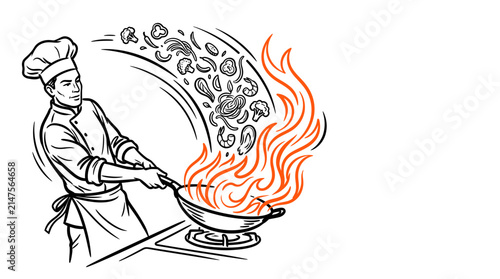 Professional Chef Cooking Asian Stir Fry Food in a Wok with Roaring Flame Graphic Illustration