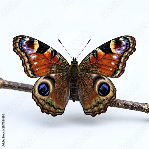 Peacock Butterfly Perched on Wooden Branch Isolated on White Background Top View Macro Photography