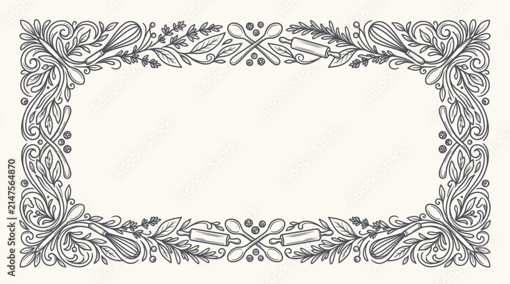 Obraz premium Elegant Hand Drawn Decorative Culinary Border Frame Featuring Ornate Floral Flourishes and Kitchen Utensils for Elegant Menu Design