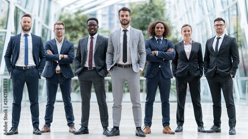Fototapeta premium A multicultural corporate group presents a professional portrait in a contemporary office environment emphasizing teamwork, strategy, and modern business achievement.