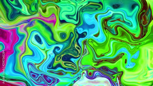 Abstract neon lime green, cyan blue, and magenta fluid marble texture background. Swirling glossy liquid acrylic motion blend for modern abstract backdrops, visual effects, and digital creative art.
