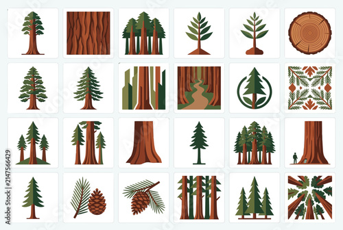 Redwood and sequoia tree forest icon set.