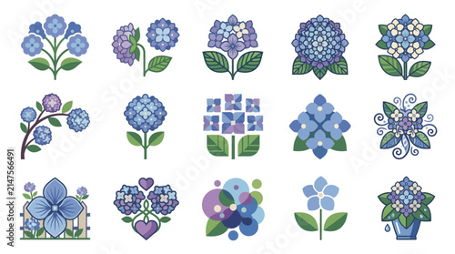 Diverse hydrangea flower icons in blue and purple.