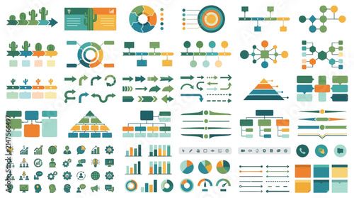 Professional infographic elements kit with charts and process arrows.