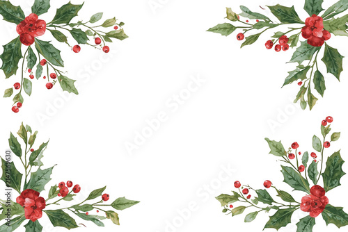 Festive holly and red blossom corner frame