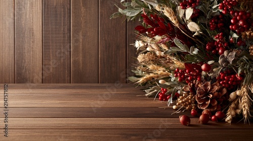 Festive autumn arrangement with berries pine cones dried flowers on wooden table