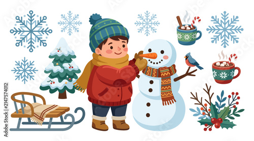 Cute Boy Building a Snowman Winter Holiday Illustration