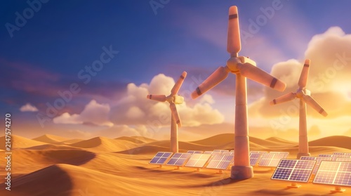 Renewable energy landscape with wind turbines and solar panels in a desert setting under a dramatic sky