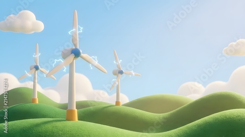 whimsical landscape with wind turbines on rolling green hills under a sunny sky