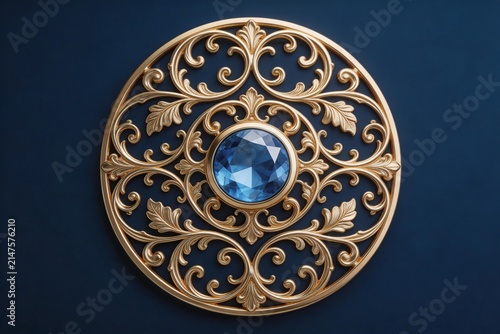 Ornate gold brooch with blue gem