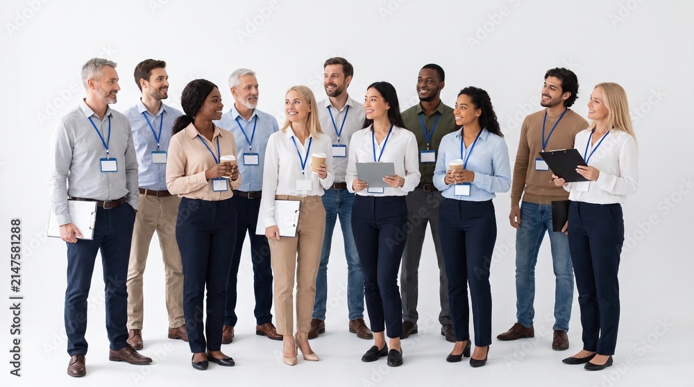 Obraz premium A diverse group of twelve professionals stand together, dressed in business attire, with lanyards around their necks. They are diverse in age, gender, and ethnicity.