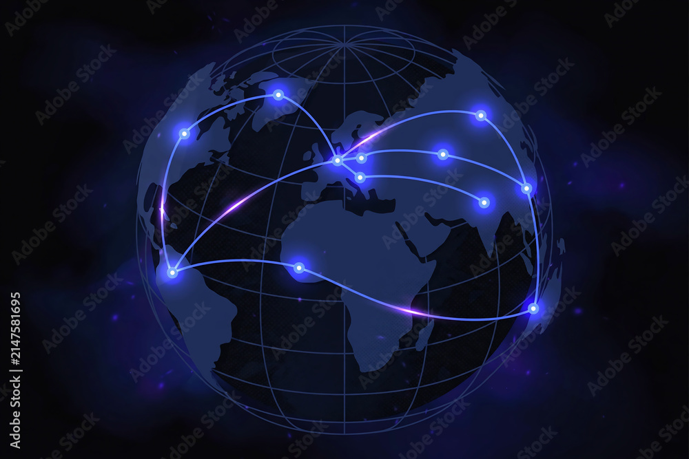 Fototapeta premium Abstract digital network glowing on dark earth globe background, suitable for technology concepts, global communication and data transfer visualization