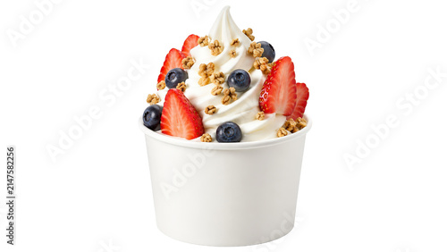 Frozen Yogurt with Strawberries and Blueberries in White Cup