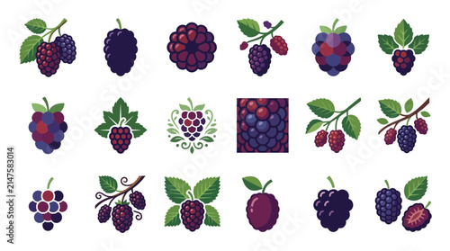 Foto Assorted mulberry and blackberry fruit icon set.
