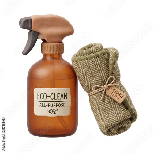 Eco-friendly all-purpose spray bottle with reusable cloth bundle for sustainable cleaning