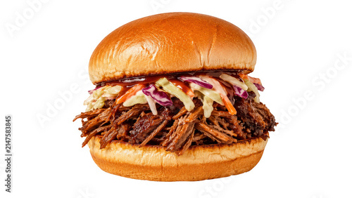 Pulled Pork Burger with Coleslaw and BBQ Sauce on a Brioche Bun