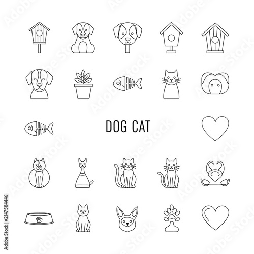 Pet care line icons dogs cats fish birdhouses accessories in minimalist style
