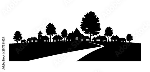 Charming silhouette village scene with winding road vector illustration