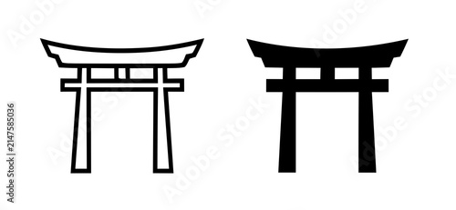 Traditional Japanese Torii Gate Minimalist Vector Icon Set in Outline and Solid Styles for Cultural Design Projects