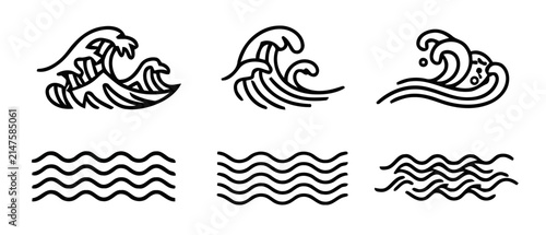 Minimalist Ocean Wave and Sea Ripple Vector Icon Set for Nautical Design and Marine Graphics