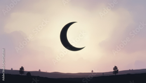 Solar eclipse crescent moon dusk sky pastel cloud silhouette landscape dark horizon tree silhouette calm atmosphere celestial event evening light
