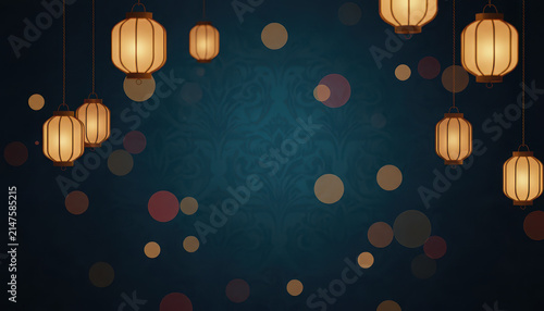 Lantern light hanging over dark blue background with bokeh circle glow, festive oriental decor scene