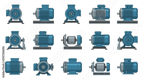 Принти на полотні Electric motors display varied mechanical configurations and rotational orientations, presenting a comprehensive collection of industrial components engineered for efficient heavy machinery operation