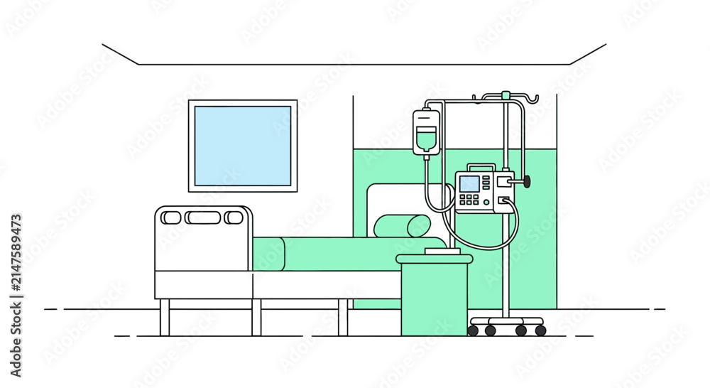 Fototapeta premium Minimalist Hospital Room Illustrative Design Showing Medical Equipment and Infusion
