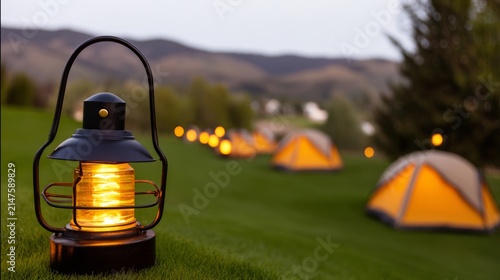 At dusk, the camping tents on the green grass are illuminated by local industrial outdoor lights, with a close-up shot of the warm light.