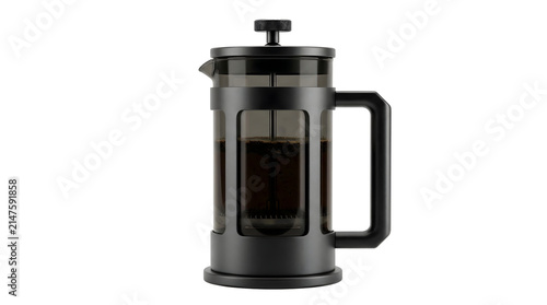 Modern dark grey French press coffee maker with coffee inside, isolated on transparent background.