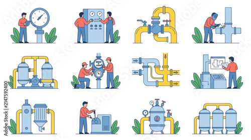 Foto Industrial workers perform maintenance on complex pipeline systems and large chemical storage tanks to ensure optimal manufacturing plant efficiency in this detailed vector illustration set