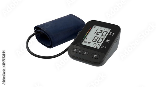 Modern digital blood pressure monitor with arm cuff displaying healthy vital signs, isolated on transparent background.