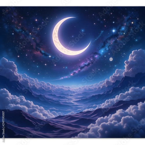 Crescent Moon Over Glowing Cosmic Milky Way Sky Above Fluffy Clouds Landscape