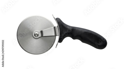 Isolated professional pizza cutter with stainless steel blade and black handle on transparent background.