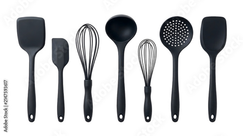 Black silicone kitchen tools set isolated on transparent background.