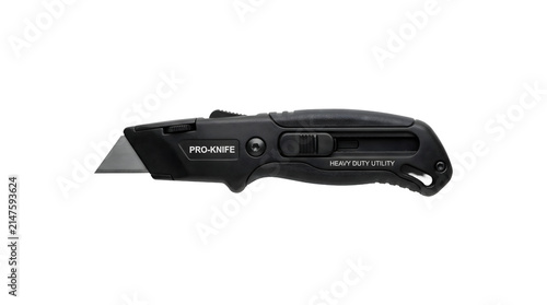 Black heavy-duty utility knife with retractable blade, isolated on a transparent background for professional use.