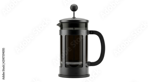 Black French press coffee maker isolated on a transparent background, ideal for brewing fresh coffee.