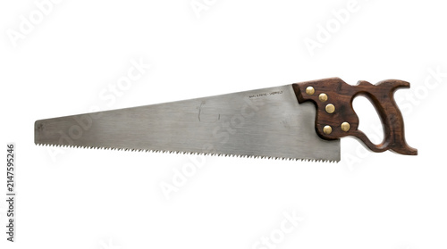 Vintage hand saw with wooden handle and metal blade, isolated on a transparent background.