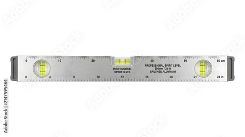 Professional brushed aluminum spirit level, 60cm/24in, isolated on a transparent background.