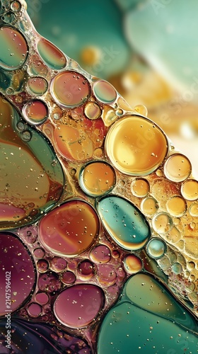 Colorful macro oil and water bubbles texture showing iridescent patterns