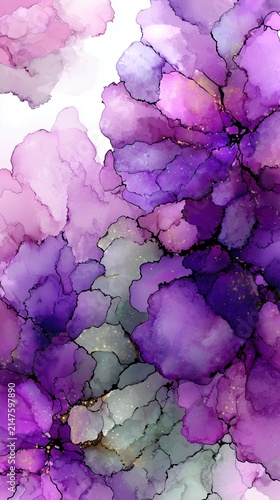 Abstract purple and pink alcohol ink with floral botanical texture