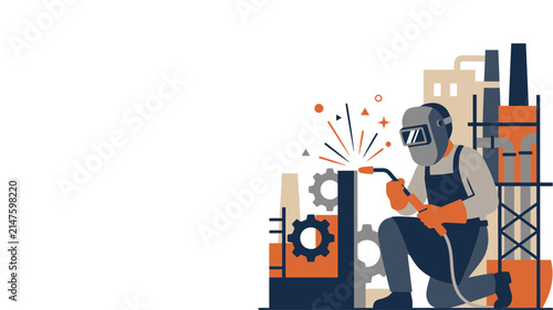 Industrial welder performing welding work at factory construction site.