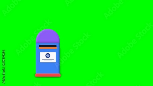 Blue post box with envelope flying into slot on chroma key green background for delivery concept