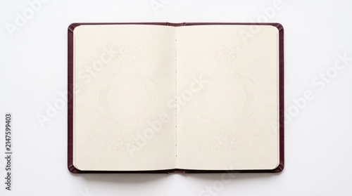 Open blank notebook with cream paper and dark leather cover, minimalist journal mockup on white background, empty diary pages for sketching