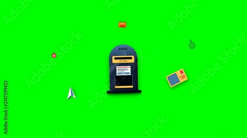 Classic Blue Postbox with Floating Letters and Envelopes on Chroma Key Green Background
