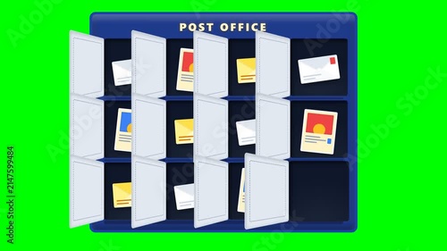Post Office Mail Box Unit with Letters and Envelopes on Green Screen Background