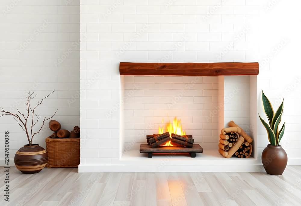 Obraz premium Modern white brick fireplace with burning logs, wooden mantel, and Decorative elements in a cozy living room