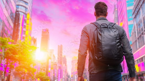 Man Walking City Street Vibrant Sunset Colors