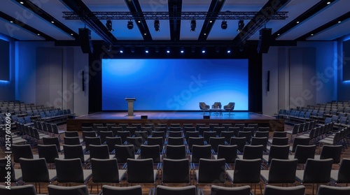 Modern conference hall with empty stage and blue screen, professional auditorium interior for corporate events, large seminar room with rows of chairs