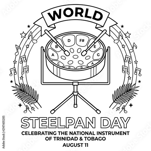 Steelpan Instrument Illustration With Musical Notes And Palm Leaves Black And White